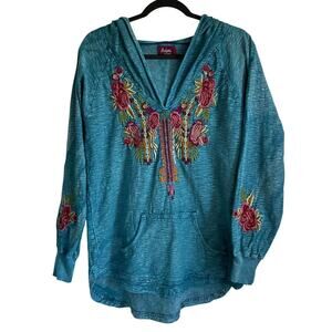 Avani Del Amour Embroidered Hoodie Top Pullover Sz S Cotton Slub Teal Tunic Boho